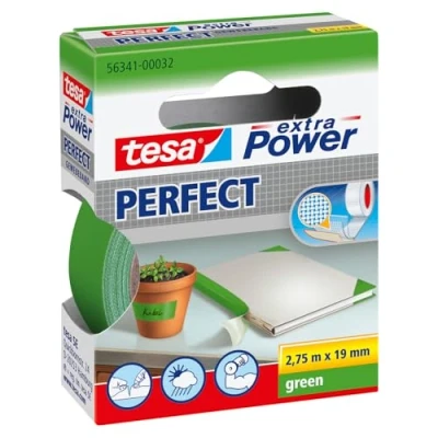 Imagen de tesa Extra Power Perfect Cinta de Reparación Reforzada en Tela para Confeccionar, Reparar, Fijar, Reforzar y Etiquetar Verde 2.75 m x 19 mm