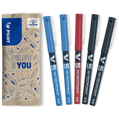 Imagen de PILOT Hi Tecpoint V5 Bolígrafo de tinta líquida (5 unidades), color azul, negro y rojo