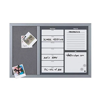 Imagen de Bi Office Organizador Semanal Combinado, 60 x 40 cm, Pizarra de Planificación Magnetica Blanca y Tablón Anúncios Fieltro Gris con Marco MDF