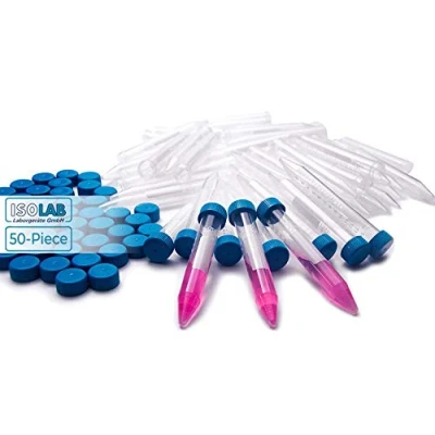 Imagen de ISOLAB USA Tubos de centrífuga plástico, 15 ml, parte inferior cónica, tapas rosca azules, marcas graduadas, no estériles, paquete 50 unidades (50, unidades)
