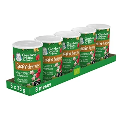 Imagen de GERBER Organic Puffs Frambuesa y Plátano, Snack de Cereales para Bebés, Latitas 5x35g, a partir 8 meses