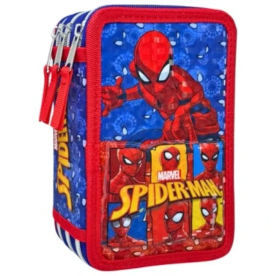 Imagen de Clondo Estuche 3D con 3 compartimentos para niños, triple relleno, 44 accesorios la escuela primaria, cremalleras, 20 cm, raya, ceras, rotuladores, Spiderman25A, Portalápices