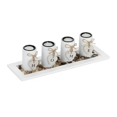 Imagen de Relaxdays Set Portavelas con Bandeja y Piedras Decorativas, 39,5 cm de Largo, 4 Velitas, Decoración Mesa, Blanco, Tablero Fibras