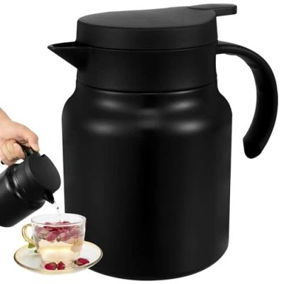 Imagen de jarra térmica de café 1 litro acero inoxidable aislada al vacío con colador té desmontable, agua a prueba fugas, para café, té, bebidas calientes o frías (negro)