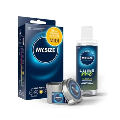 Imagen de paquete de ahorro MY.SIZE con preservativos 53 mm, 10 + lubricante natural 100 ml vela masaje