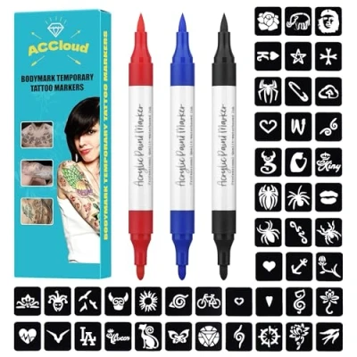 Imagen de ACCloud Tatuajes Temporales Marcas en la Piel, 3 Cuerpo Marco+ 63 Kit de Molde Cabeza Blanda Bicolor Flexible Cepillo infantiles Navidad