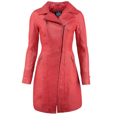 Imagen de URBAN 5884 JANICE Ladies Chaqueta de Cuero Mujer Elegante Piel Cordero Suave para Mujeres Modelo largo Rojo M