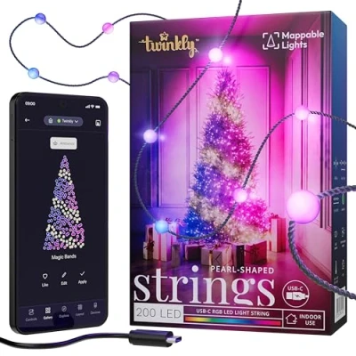 Imagen de Twinkly Candies Cadena de luces Navidad con 200 LED RGB controlada por aplicación y alimentada USB C Decoración inteligente para interiores, 12 m, Perla, Cable Verde