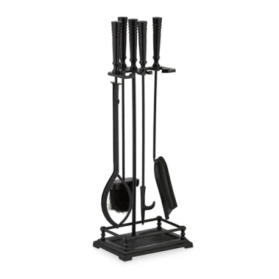 Imagen de Relaxdays Accesorios Chimenea 5 Piezas, Juego de Estufa con Atizador, Pinzas, Escoba, Pala y Soporte, Clásico, Negro, Hierro, 64 x 23 16 cm