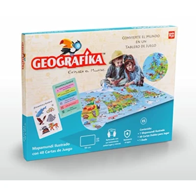 Imagen de Geografika. Juego de Mesa Familiar con Mapamundi ilustrado. Diviértete aprendiendo Datos del Mundo, como países, Animales y Lugares Famosos. Versión en Español