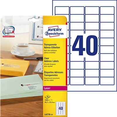 Imagen de Avery Zweckform L4770 25 Etiqueta transparente para impresora láser (45,7 x 25,4 mm, 1000 unidades)