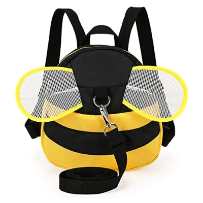 Imagen de Eleoption Bees mochila infantil de dibujos animados, mini mochilas con arnés nailon seguridad, para bebés 1 a 3 años, seguridad caminar, niños y niñas (amarillo)