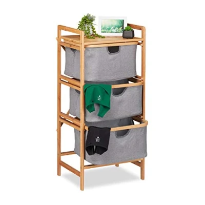 Imagen de Relaxdays Estantería de Bambú, 3 Cestos Extraíbles, Mueble Baño y Dormitorio, 96 x 44 34,5cm, Marrón Natural Gris, Poliéster, 34.5 cm
