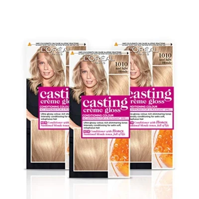 Imagen de L&#039;Oréal Paris Casting Crème Tinte semipermanente para el cabello, fórmula sin amoníaco y acondicionador con infusión de miel, acabado brillante, color hasta 28 champús, paquete 3 unidades, color: rubio helado claro 1010