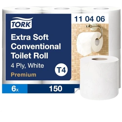 Imagen de Tork Papel Higiénico Convencional Extrasuave, 4 capas, Blanco T4, Premium, 6 x 150 hojas, 110406