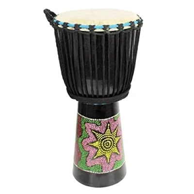 Imagen de a Star Tambor Africano Djembe Pintado Colorido de 10 Pulgadas Auténtico Hecho Mano, Cuerda Afinada, Cabeza Piel Natural 60 cm Altura, 25 Diámetro