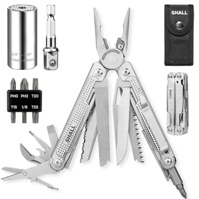 Imagen de SHALL Multiherramienta, alicates multiherramienta 18 en 1, navaja de acero inoxidable con punta destornillador y dado universal, para acampar, pescar, sobrevivir cazar