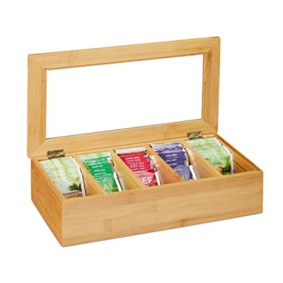 Imagen de Relaxdays Caja, Bambú, 5 Compartimentos, Cajita Infusiones con Ventana, Organizador Bolsas Té 9x37x20 cm, Natural