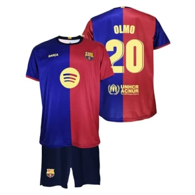 Imagen de Futbol Club Barcelona Camiseta y Pantalón OLMO 20 Primera Equipación Temporada 2024/2025 Réplica Oficial con Liciencia Niño (FR/ES, Edad, 10 años, Regular, Azulgrana)