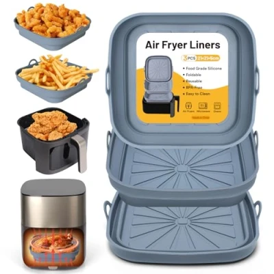 Imagen de Alyvisun Molde Silicona Freidora de Aire, 3 Piezas Bandeja Moldes para Air Fryer Reutilizable Recipientes Cuadrado Cesta Utensilios Accesorios sin Aceite, Microondas, Horno (Gris)