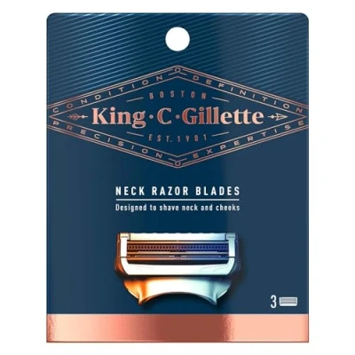 Imagen de King C. Gillette cuchillas de afeitar cuello para hombre, paquete 3 recambios, con protector piel + afiladas acero inoxidable revestimiento platino