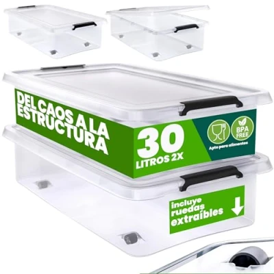 Imagen de Deuba® 2X Cajas de Almacenamiento 30L Tapa Clips Cierre Transparentes Almacenaje Juguetes Ruedas Apilable