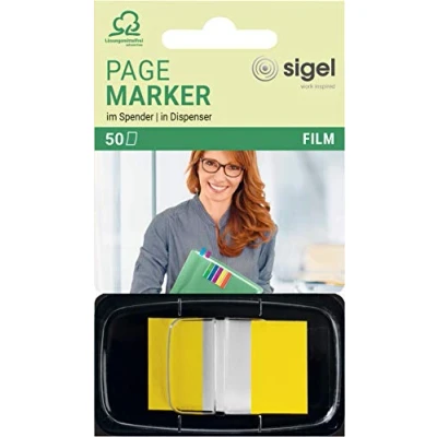 Imagen de SIGEL HN490 Marcapáginas adhesivos, cinta de filme transparente, en repartidor Z, funda 50 tiras 43 x 25 mm, Color Tip amarillo