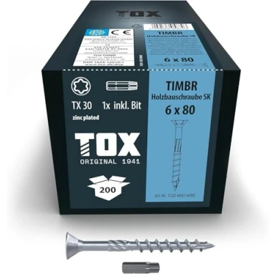 Imagen de TOX tornillos para construcción de madera TIMBR SK 6,0 x 80 mm, azul galvanizado con cabeza avellanada, TX30, 200 piezas en una caja, incl. 1x broca, 112040416080