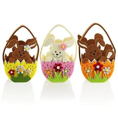 Imagen de com four® 3X Lindas Bolsas de Fieltro Canasta en Forma Conejito Pascua para llenar y Regalar (3 Bolsillos 17x13cm)