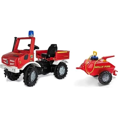 Imagen de Rolly Toys Fire Unimog 038275 Camión de Bomberos edición 2020 con Remolque (Coche a Pedales 3 8 años, jeringuilla, Intermitente, Cambio Marchas, Freno)
