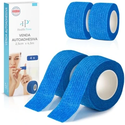 Imagen de Health Press® Venda para Dedos Auto adhesiva 4 Rollos Azul (2,5cm x 4,5m) Impermeable Vendaje Elástico de Fijación Cinta Resistente al Polvo, Grasa y Suciedad Manos