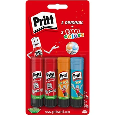 Imagen de Pritt Barra de pegamento, pegamento seguro y apto para niños artes manualidades, adhesivo fuerte la escuela suministros oficina, 2 x 22 g originales 20 colores