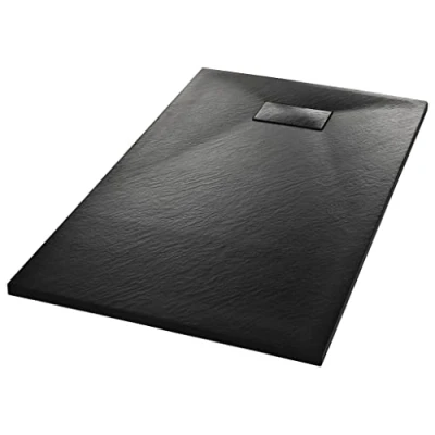 Imagen de vidaXL Plato Ducha Resina Textura Pizarra Extraplano Antideslizante Mineral Fibra Vidrio Resistente Duradero Fácil Limpiar Cuadrado Negro 120x70 cm