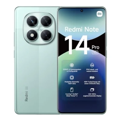 Imagen de Xiaomi Teléfono Inteligente Redmi Note 14 Pro 5G, 8+256GB, Verde, cámara AI de Grado Profesional 200 MP, IP68, Carga Turbo 45 W con batería 5110 mAh, características IA (no Incluye