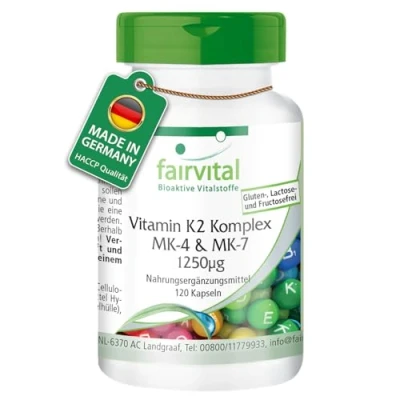 Imagen de Fairvital Complejo de Vitamina K2 Menaquinona MK 4 y 7 1250µg VEGANO Dosis elevada 120 Cápsulas Calidad Alemana