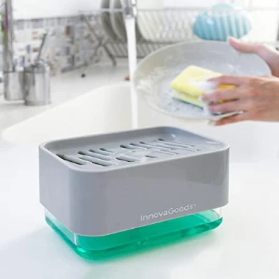 Imagen de InnovaGoods® Dispensador de jabón 2 en 1 para Fregadero Pushoap, Ahorra y es Muy fácil Usar, con función líquido Espuma, diseño Compacto, Ideal la Cocina el baño