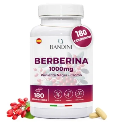 Imagen de Bandini® Berberina 1000mg pura alta dosificación 180 comprimidos veganos HCl de Berberis Aristata 97% + Cromo y Pimienta Negra Máxima absorción Función digestiva, hepática, intestina