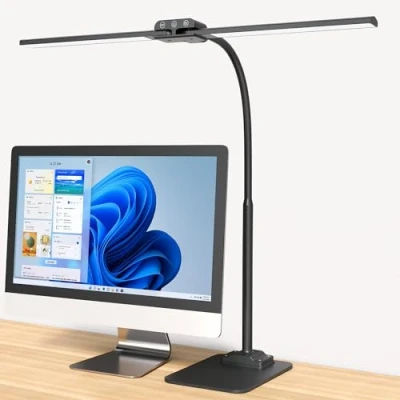 Imagen de KableRika Lámpara Escritorio LED para Oficina, Flexo de Doble Cabezal con Base, luz Arquitecto Regulable, monitor Temporizador, Leer, Estudiar y Oficina en el Hogar Negro