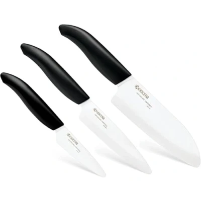 Imagen de Kyocera FK 3PC BK, Juego de cuchillos, Cuchillo para pelar 7.5 cm, utilitario 11 Santoku 14 hoja cerámica circonio afilada, afilada a mano, ligera, no corrosiva
