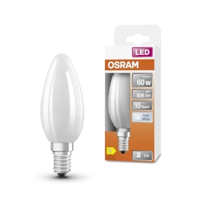 Imagen de Osram Lámpara LED Star Classic en forma clásica de mini vela, luz blanca fría (4000 K) con 5,5W / 806 lm, fabricada vidrio esmerilado sin plomo, casquillo E14, IP20, EEK D, 35 mm diámetro.