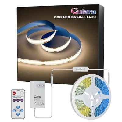 Imagen de OULARA tira led COB Blanco Natural 4000K,6M Regulable 24V de luces con RF Remoto y Alimentación,CRI90+ Flexible Strip para decoración del hogar,Función Temporizador