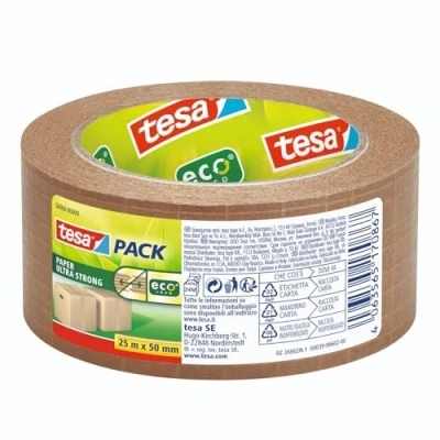 Imagen de tesapack PAPER ULTRA STRONG ecoLogo Cinta de Embalaje Papel Reciclable Reforzada con Fibra Vidrio y Adhesivo Extrafuerte Elaborada Materiales Certificados por el FSC 25 m x 50 mm