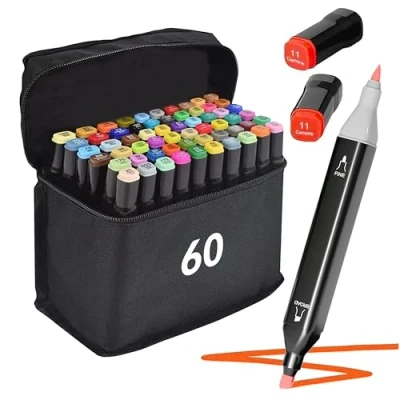 Imagen de Home Markt24 Rotuladores de alcohol doble cara, juego 60 unidades + bolsa Alta pigmentación, resistente al agua, duradero, perfecto para artistas y libros colorear