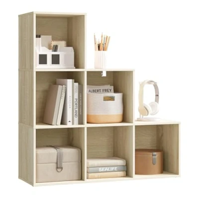 Imagen de WOLTU Librería Estantería, Estanteria para Libros, Cubos de 6 Compartimientos, Almacenamiento Salón, Oficina y Estudio, Roble Claro, 90x30x90 cm, SK061hei