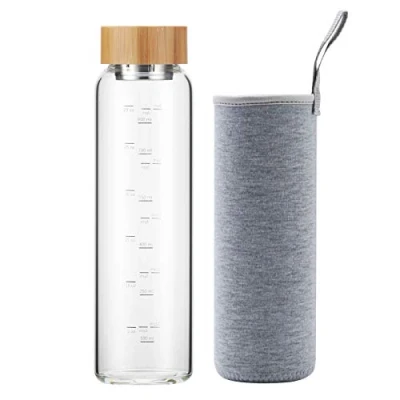 Imagen de Botella de Agua Cristal 1 Litro Reutilizable con Funda Neopreno y Tapa Bambú sin Bpa (Gris)