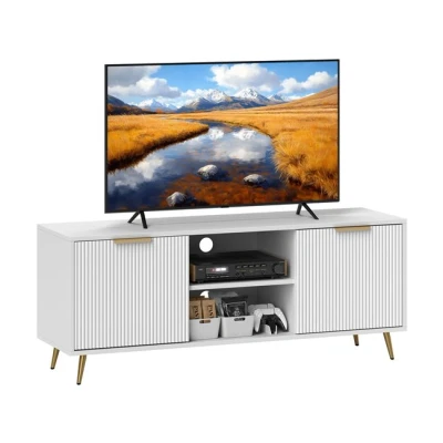 Imagen de HOMCOM Mueble de TV Moderno para Salón con 2 Compartimentos Abiertos y Puertas Televisión 55 Pulgadas 120x35x48 cm Blanco