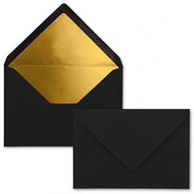 Imagen de 50 sobres B6 con forro interior dorado, 12,5 x 17,6 cm, negro, adhesivo húmedo, FarbenFroh by GUSTAV NEUSER