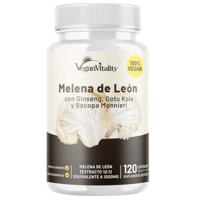 Imagen de Melena de Leon Capsulas Lions Mane Suplemento Libre Cafeína 120 Cápsulas Nootropic Veganas Bacopa Monnieri, Gotu Kola, Ginseng Enfoque, Memoria y Soporte Cerebral