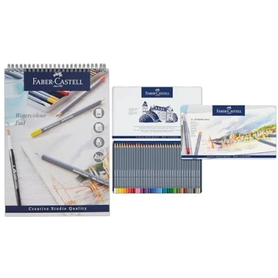 Imagen de Faber Castell Goldfaber Lápices de acuarela, lata 36 y bloc A4, papel encuadernado en espiral, 190 g/m², 15 hojas