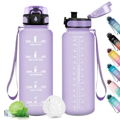Imagen de Cantimplora Fitness 1.5L, Botella de Agua Prueba Fugas, con Marca Tiempo, Reutilizable, Antiderrame Deportiva, para Adulto, Gimnasio, Cámping